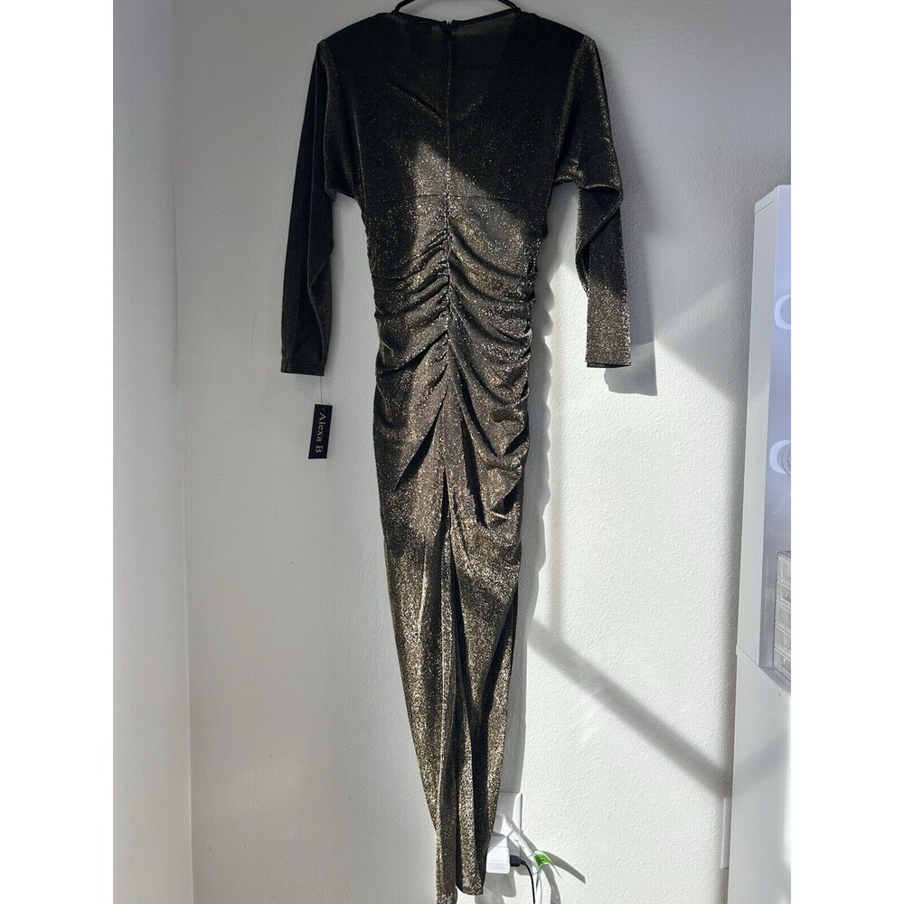 ALEXA B NITES‎ RUCHED GOLD GLAM MESH MAXI DRESS V NECK SIZE 4 NWT - Picture 5 of 9